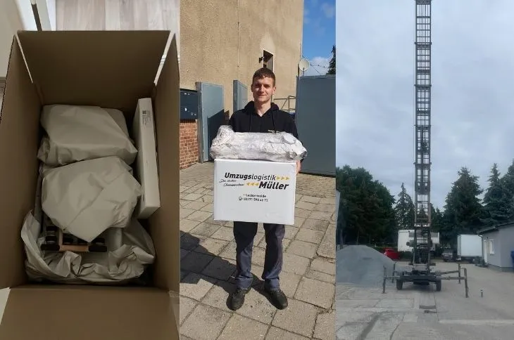 umzugskarton mit hausrat und moebellift im aussenbereich